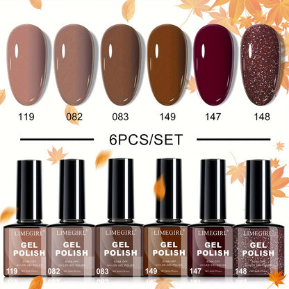 Gel Nail Polish Set 6pcs Hypoallergenic - Fall & Winter Glitter and Solid Colors Soak-Off UV LED Gel, Toxin-Free Long-Lasting Home DIY Nail Art Kit, Gift for Nail Lovers & Christmas
