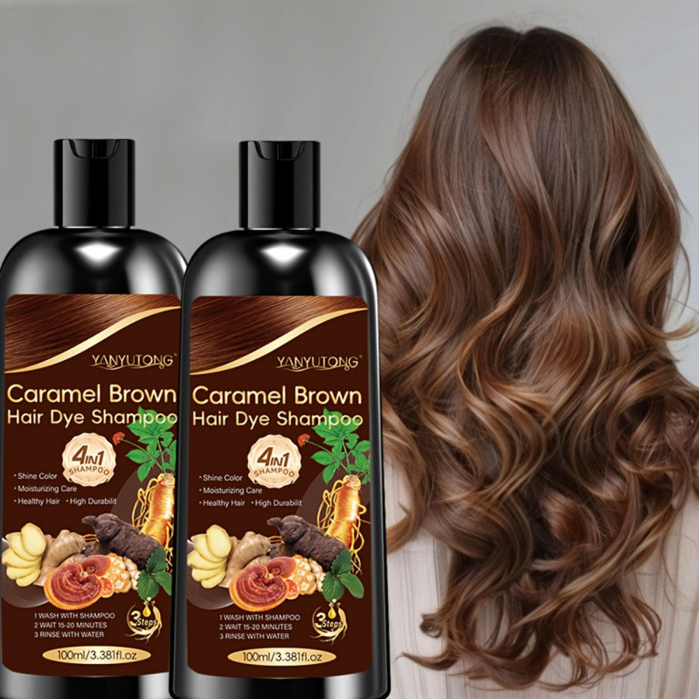 2-Bottle Pack, 3.38oz 4-In-1 Caramel Brown Dye Shampoo with Ginseng, Reishi Mushroom, And Ginger Extract - Instant Color, Shine, Volume & Smoothness in Minutes