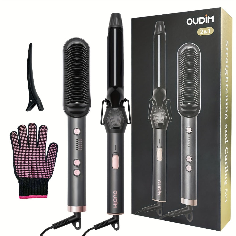 Straightening Comb And Curling Iron Set, Hair Curler, Hair Straightening Brush Flat Iron for Women, Anti-Scald, Quick, Precise Temperature Control, Auto Shuts Off, Suitable for Home, Office And Travel, Gifts for Birthday, Wow Hair Products