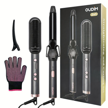 Hair Straightener & Curling Iron Set for Women – Flat Iron Straightening Brush, Anti-Scald, Precise Temperature Control, Auto Shut-Off, Home Office Travel & Birthday Gift