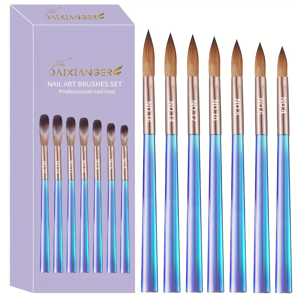 Aurora Blue Nail Art Brush Set, 7pcs Acrylic Nail Design Painting and Sculpting Tools, Professional Nail Art Pens for Decoration and Embellishment, Formaldehyde-Free