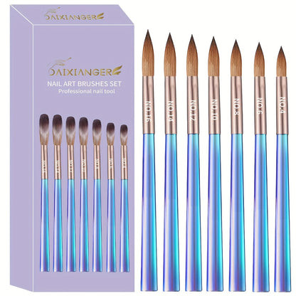 Nail Art Brush Set 7Pcs Professional Acrylic Nail Painting Brushes for Gel Design Sculpting Dotting Liner Drawing UV Nail Extension Builder Pen Kit for Salon Home DIY Manicure Aurora Blue
