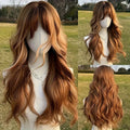 Women's 24-Inch Highlighted Brown Wavy Wig with Bangs-Soft Heat-Friendly Fibers, Natural Volume, Easy to Style, Great for Everyday Use, Parties & Cosplay