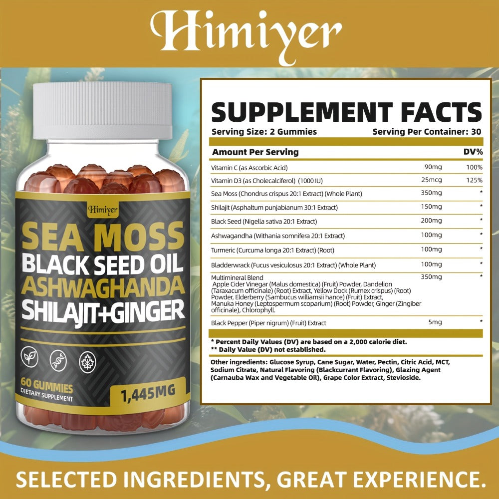2 Month Supply, Sea Moss Gummies Black Seed Oil, Ashwagandha, Ginger, Shila Gummies with Elderberry, Chlorophyll, Turmeric, Bladderwrack, 60 Gummies Per Bottle