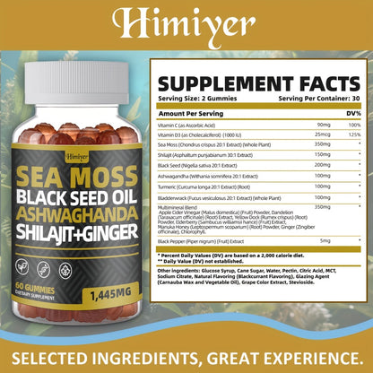 Sea Moss Gummies with Black Seed Oil, Ashwagandha, Shilajit, Elderberry, Chlorophyll, Turmeric & Bladderwrack – 8-in-1 Immune & Whole Body Wellness Supplement, 60 Gummies 2-Month Supply
