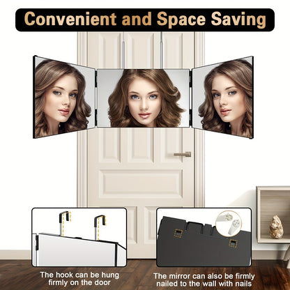 Self Haircut Mirror 3-Way with LED Light & Accessories - 360° Viewing Angle, Anti-Fog HD Glass, Height Adjustable, Door Wall Table Mount, DIY Barber Mirror for Hair Cutting Shaving Styling