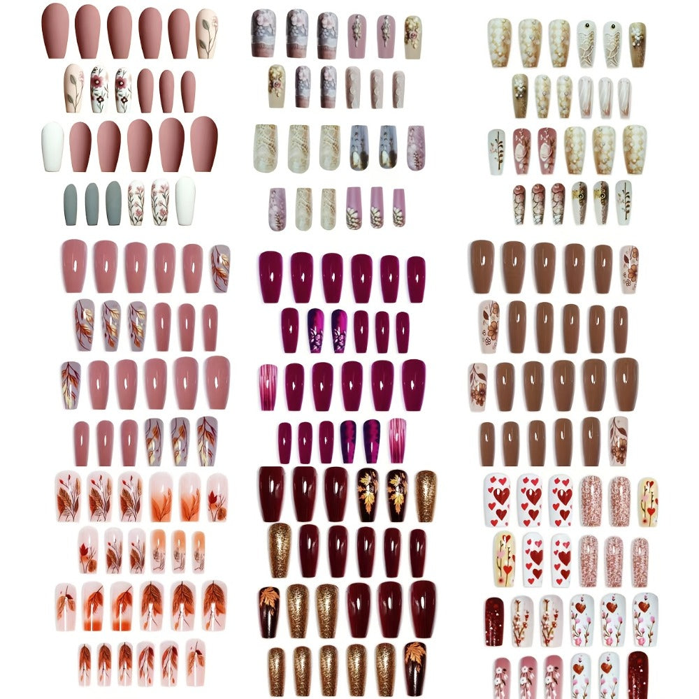216pcs Ballet Nail Shape Press On Nails Set, Mixed Color System with Flower & Maple Patterns, Middle Length with Glossy Finish - Seasonal Fashion Kit Including Jelly Adhesive & Nail File