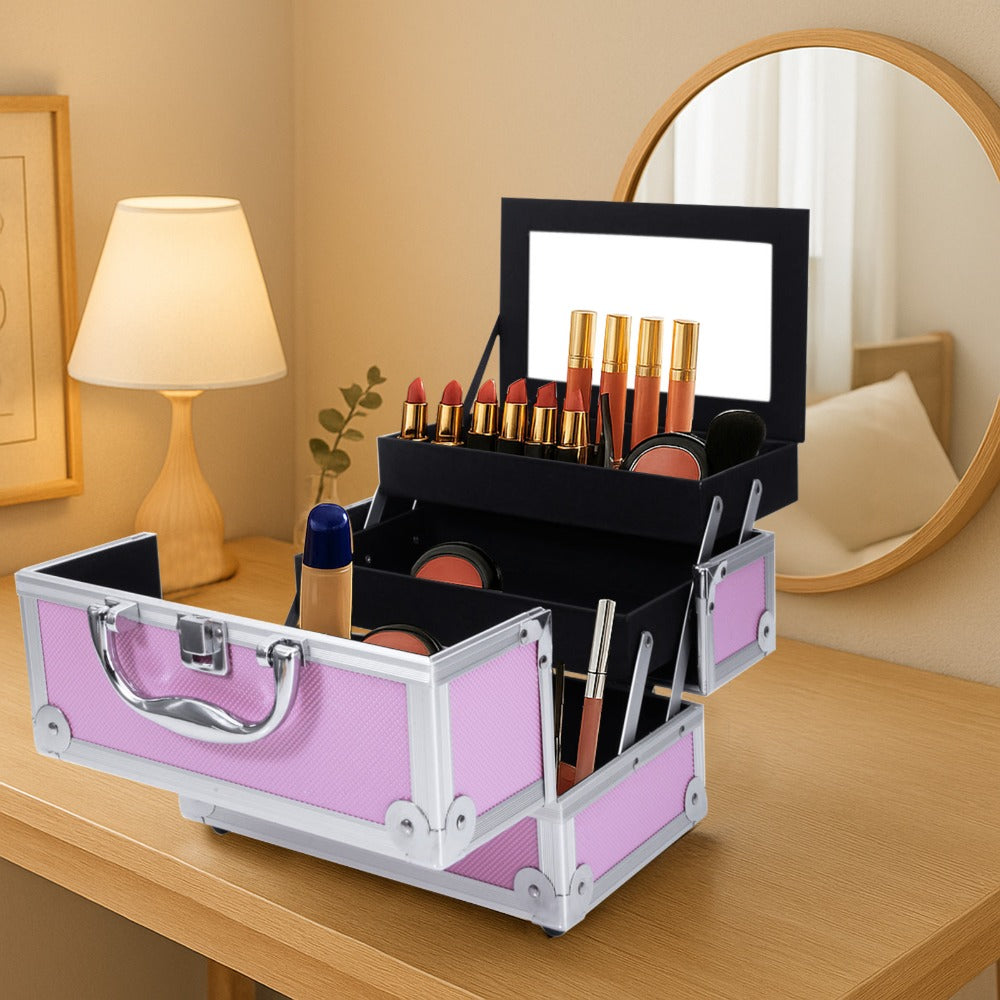 Professional Makeup Train Case, Large Capacity Aluminum Cosmetic Trolley Organizer, Portable Jewelry Storage Box with Adjustable Dividers & Lockable Keys, Travel Makeup Artist Tool Box