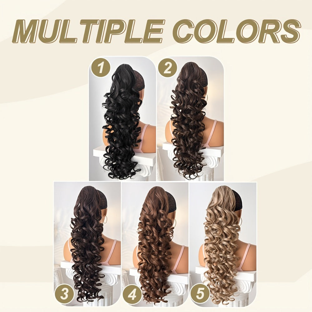 Ponytail Extension Curly 28 Inch Long — Heat Resistant Synthetic Clip In Wrap Around Hairpiece, Voluminous Bouncy Curls for Women Everyday Wear Parties Festivals