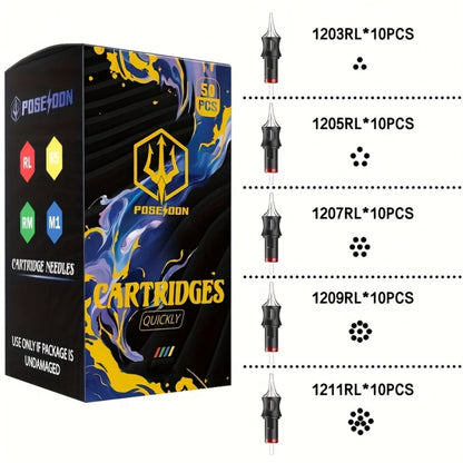Tattoo Cartridge Needles 50Pcs Assorted - POSEIDON V5 Round Liner Shader Magnum Mixed Sizes 5RL 7RL 9RL 5RS 7RS 9RS 7RM 7M1 15M1 15RM Disposable Safety Cartridge Needles for Tattoo Supplies