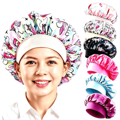 Shower Caps 6 Pack Unicorn Colorful - Adjustable Reusable Printed Shower Cap with Elastic Band for Women, Spa, Salon, Bath & Travel | Waterproof Hair Cap Set