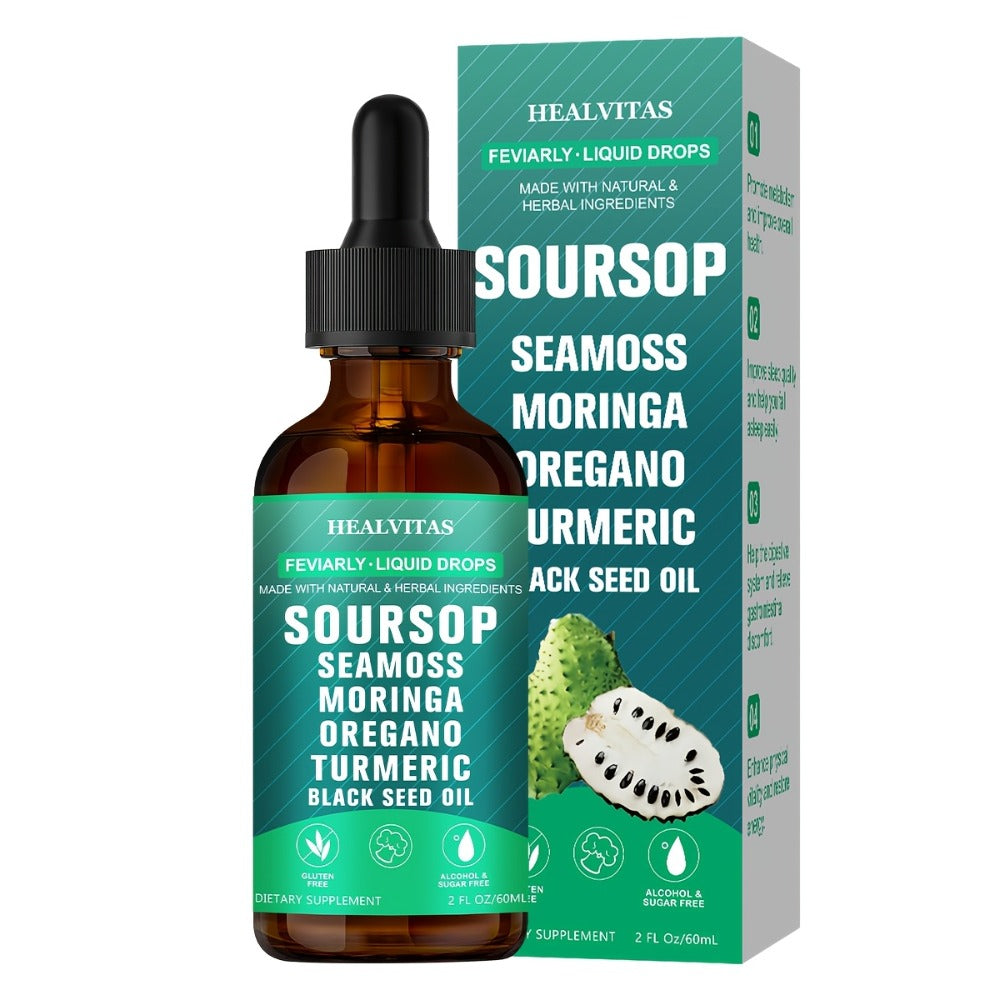 Natural Soursop Bitters Liquid 10-In-1, Highly Absorbable with Natural Soursop Seaweed Moringa Turmeric Black Seed Oil Oregano South African Drunken Tomato, Herbal Extracts Supports Digestion & Intestinal Health, Easy to Take Liquid Supplement, 2 oz