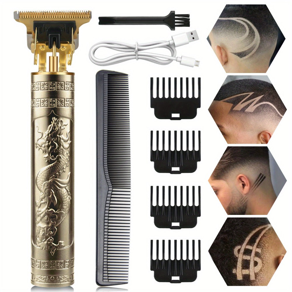 Electric Hair Trimmer for Men - Retro T-Blade Clipper, USB Rechargeable 1000mAh, 4 Guide Combs, 240-Min Runtime, Dragon & Buddha Designs, Black Bronze Blue Purple