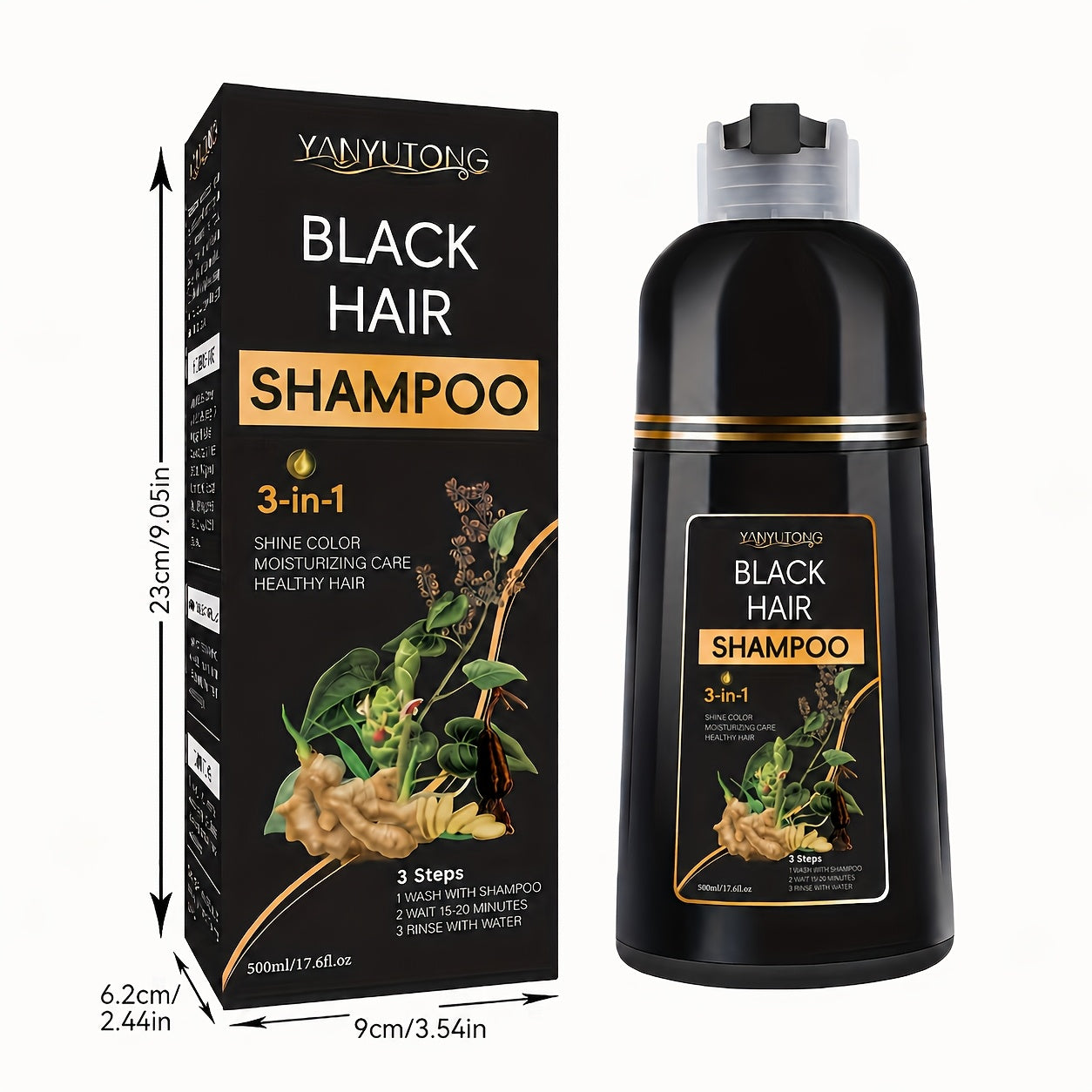 16.91oz 3-in-1 Black Hair Dye Shampoo, Covering White Hair, Herbal Hair Dye Shampoo - Natural And Healthy Plant Ingredients, Quickly Complete Hair Dyeing, Moisturize And Care For Hair, Suitable For Both Men And Women, Father'S Day Gift