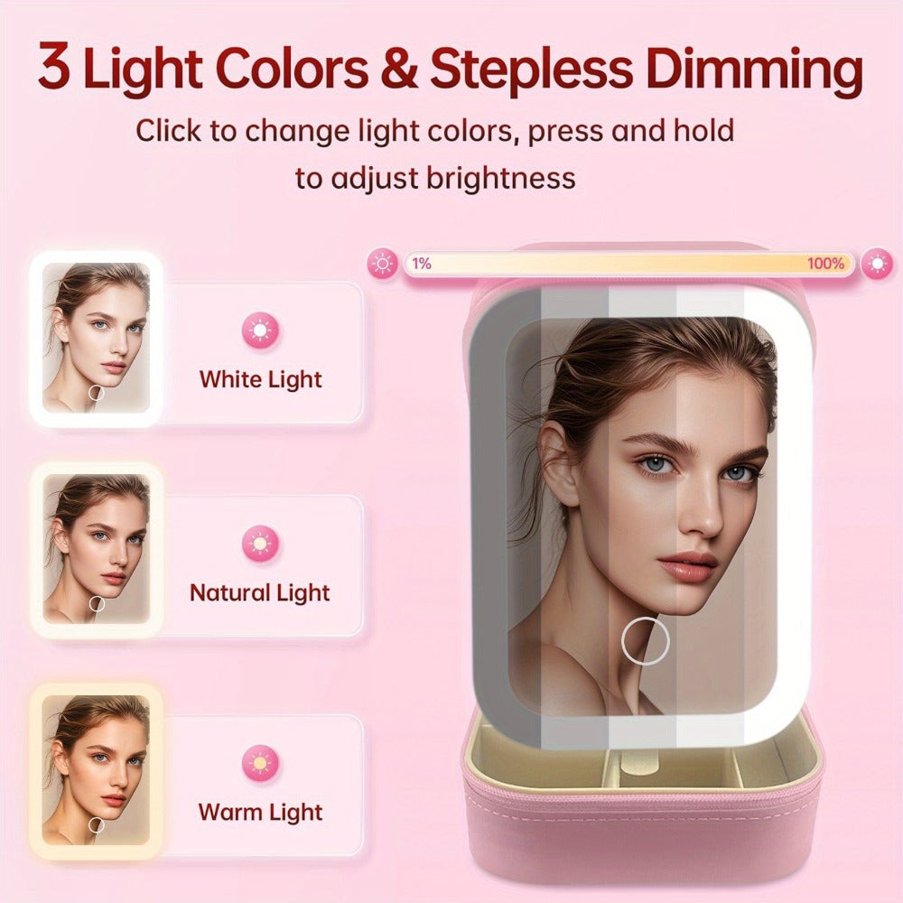 Lighted Makeup Mirror with Travel Case Cosmetic Bag Organizer - Adjustable 3-Color LED Light 1200mAh Rechargeable Portable Vanity Mirror for Women Gift