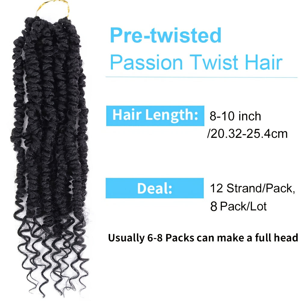 Passion Twist Crochet Hair 8-10 Inch 8 Packs Pre-twisted Passion Twist Hair Pre Looped Crochet Braids Short Twist Hair With Curly Ends Soft Bohemian Crochet Hair Extension For Women