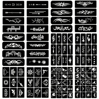 Temporary Tattoo Stencils Set 12 Sheets DIY Body Art Kit Hollow Design Templates for Arm Ankle Ear Waterproof Freehand Ink Paste Creative Home Tattoo Project Unisex