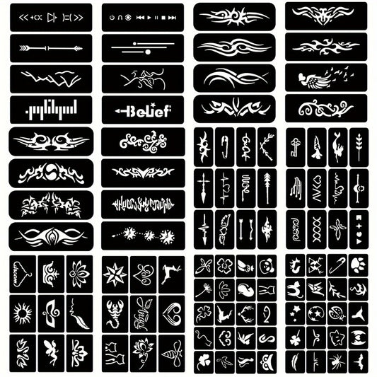 Temporary Tattoo Stencils Set 12 Sheets DIY Body Art Kit Hollow Design Templates for Arm Ankle Ear Waterproof Freehand Ink Paste Creative Home Tattoo Project Unisex