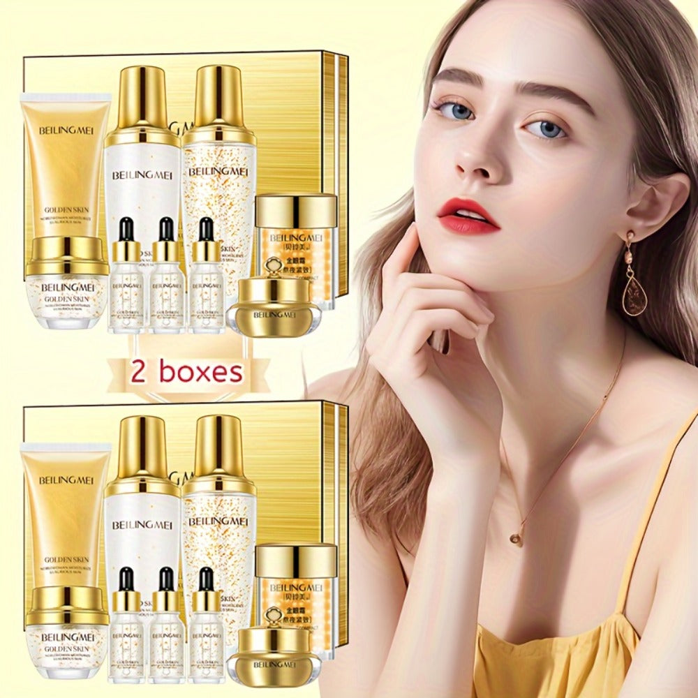9pcs Golden Luxury Skincare Set, Contains Niacinamide & Collagen for Moisturizing & Firming Face, Choice for Women's Daily Facial Care Premium Gift Kit, Birthday, Holiday Gifts