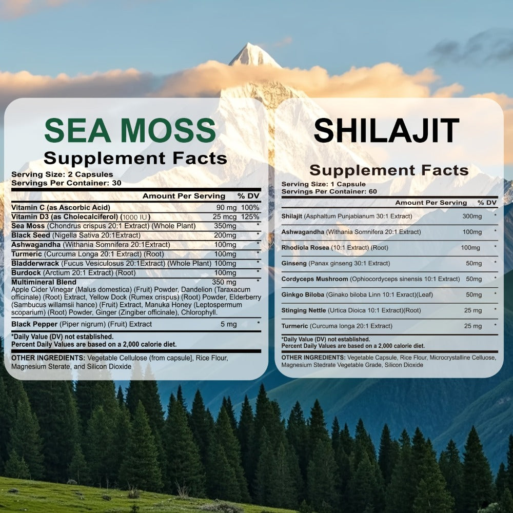 Sports Health Pack, Shilajit And Seamoss Ginger South African Drunken Eggplant Capsule, Sea Moss 350 Mg, Black Seed Oil 200 Mg, Ashwagandha 200 Mg, Ginger And Shilajit 300 Mg, Rhodiola Rosea 100 Mg, 1395mg+700mg Complete Supplement