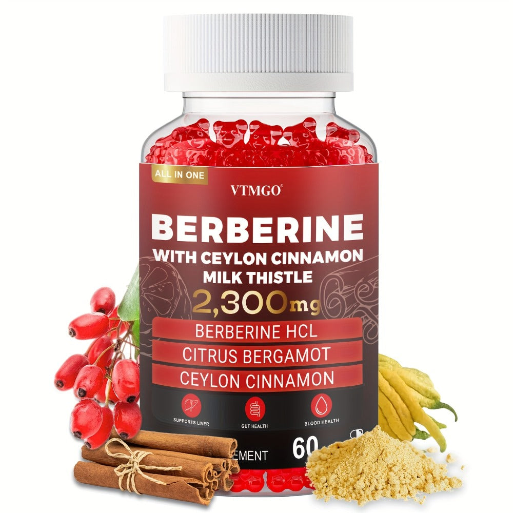2300Mg Premium Berberine HCL Supplement - with Pure True Ceylon Cinnamon, Milk Thistle, Turmeric for Natural Health And Wellness. Nature'S Gift of Health And Happiness, Berry Flavor, Suitable for Both Men And Women. 60 GUMMIES