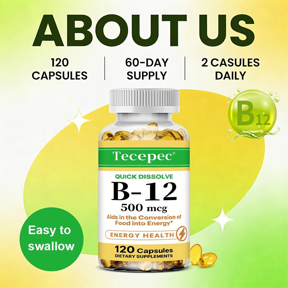 Vitamin B12 Dietary Supplement - 500 Mcg Per Serving, Premium Formula - Supports Nervous System And Cardiovascular Health - Supports Nutrient Absorption And Daily Vitality - Suitable For Men And Women - 120 Capsules