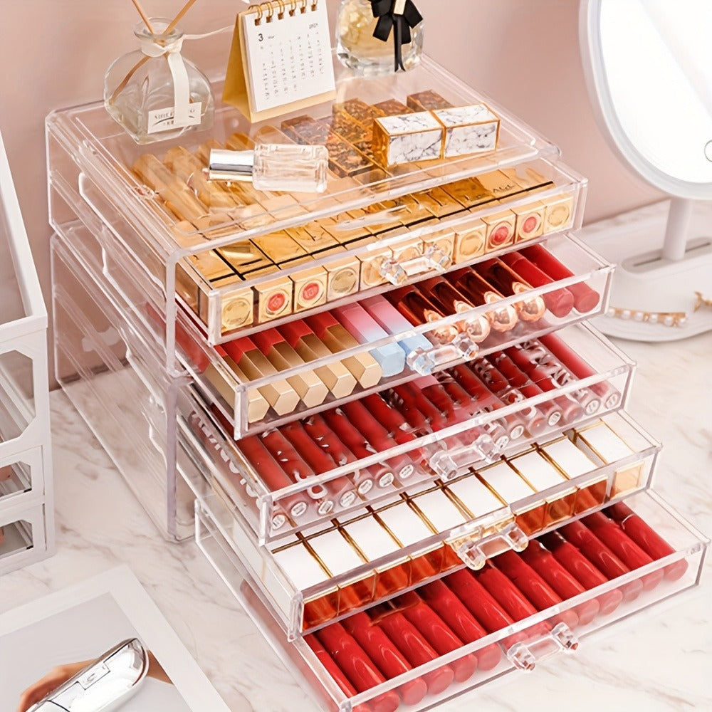 Elegant 3/5-Tier Clear Acrylic Cosmetic Organizer with Drawers - Dustproof Storage for Lipstick, Foundation, Brushes & Beauty Essentials - Perfect for Vanity, Bathroom & Office, Beauty Storage