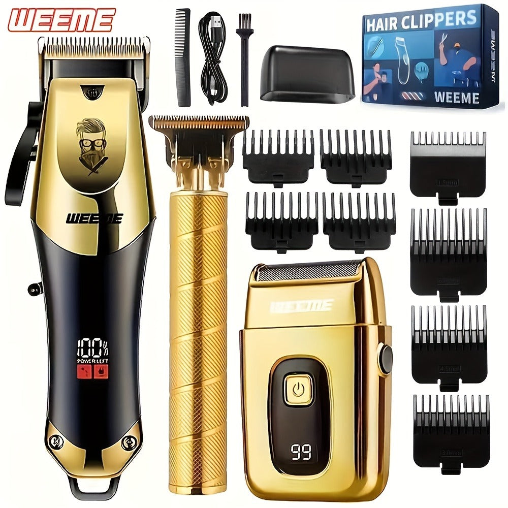 WEEME 1pc/3pcs Men'S Hair Clipper, Golden Hair Clippers LCD Display, USB Rechargeable, Guide Combs, Trimmer And Shaver, With Cleaning Brushes, Gift For Men