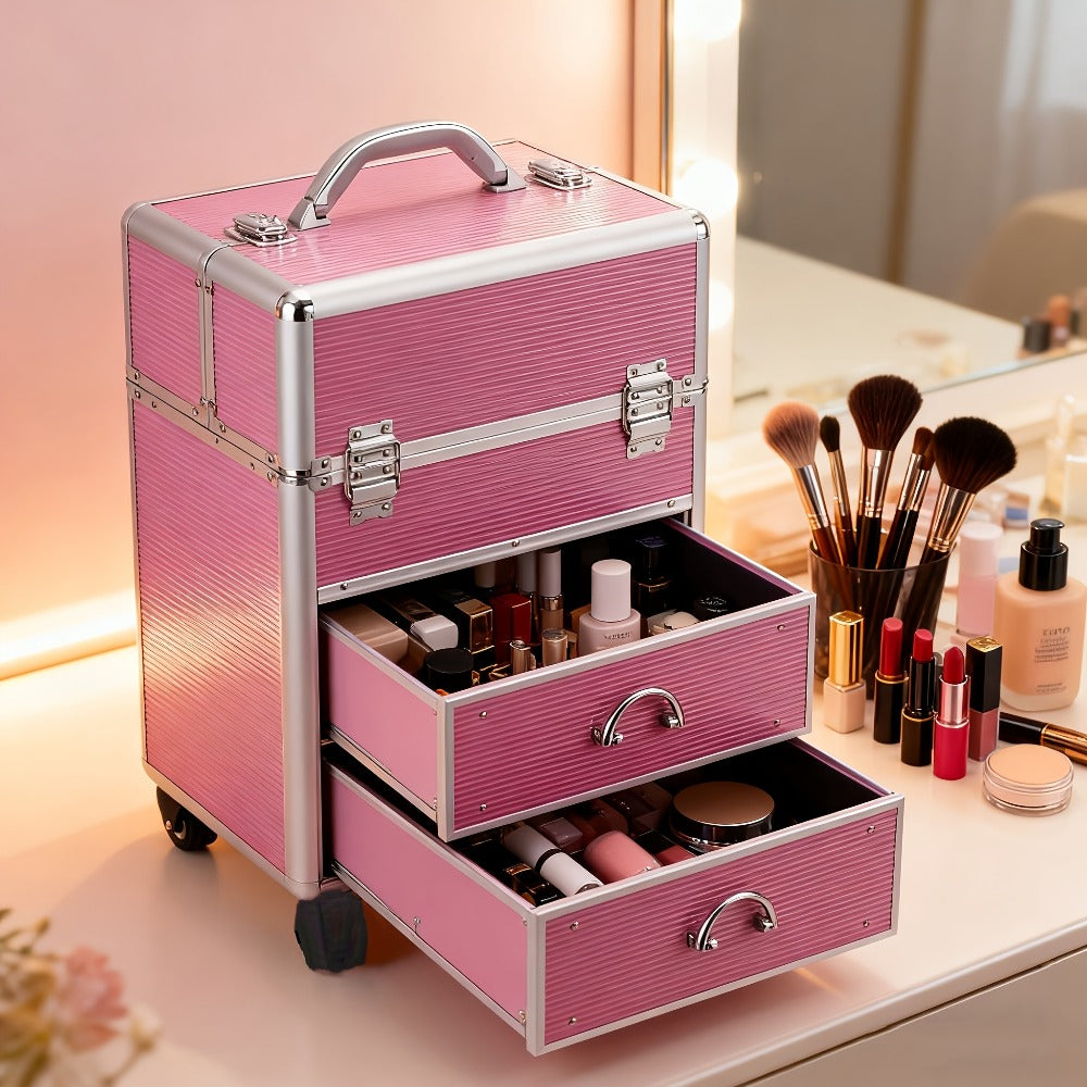4 Tier Lockable Cosmetic Makeup Train Case with Extendable Trays for Lab Pink