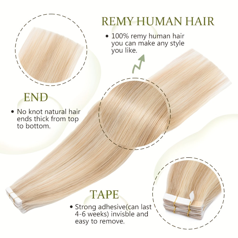 10pcs (10pcs Each) Brazilian Remy Human Hair Tape-In Extensions - Natural Straight Hair 12" 14" 16" 18" 20" 22" 24" Lengths, Invisible Tape-In Weft, 100% for Men &, Blonde/Brown/Blonde Ombre Highlights (Seamless Blending