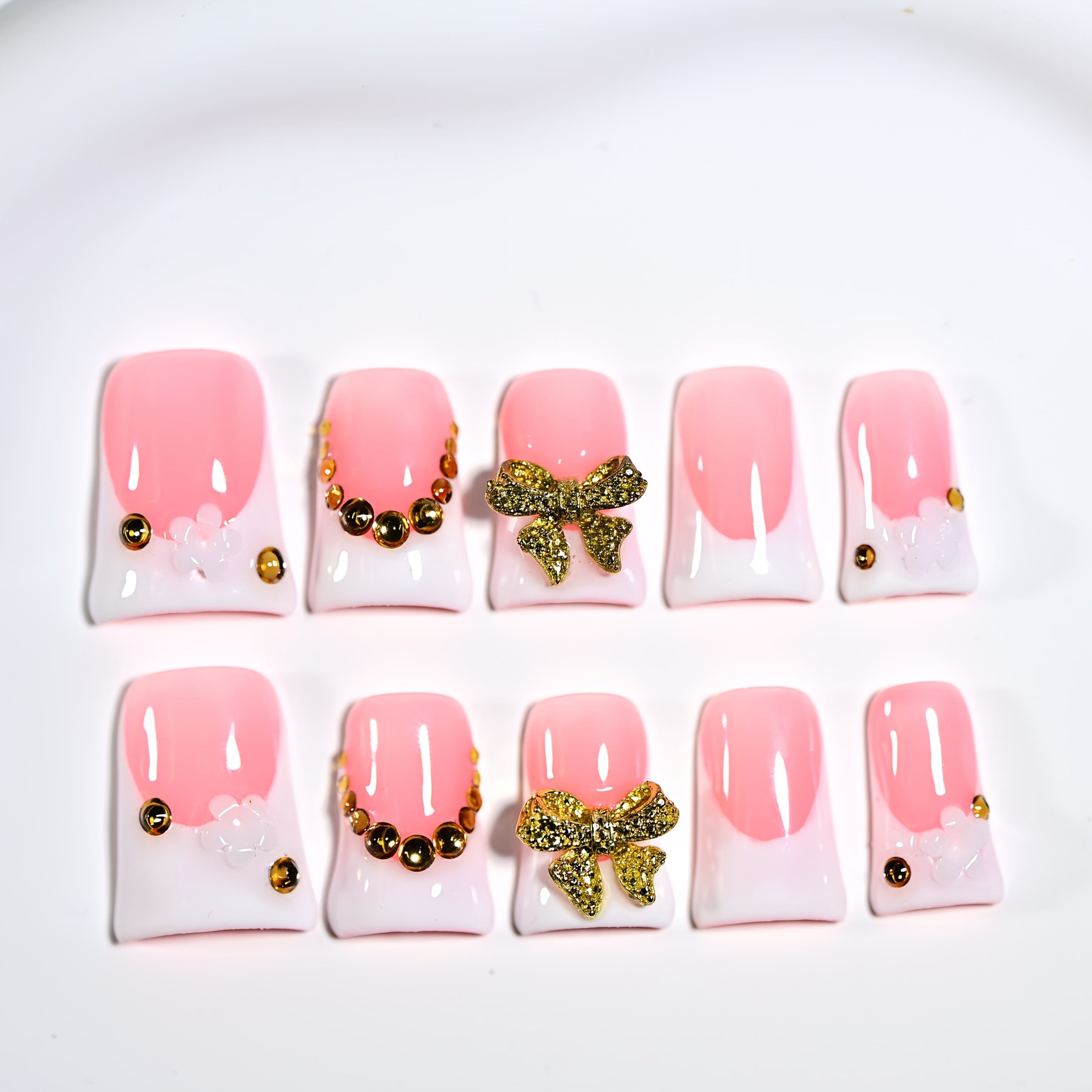 10pcs Handmade Duckbill Acrylic Press On Nails With Shiny Crystals, Bows, And Cherry Accents, Features Red And Pink French Tip Style, Suitable For Women And, Party And Daily Wear, Including Tools, An Ideal Gift. Spring Nails