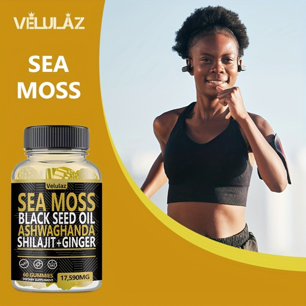 Sea Moss Gummies 10-in-1 Superfood Blend 60 Count - Black Seed Oil Ashwagandha Shilajit Elderberry Turmeric Bladderwrack Ginger Chlorophyll 17590mg - Daily Wellness Supplement
