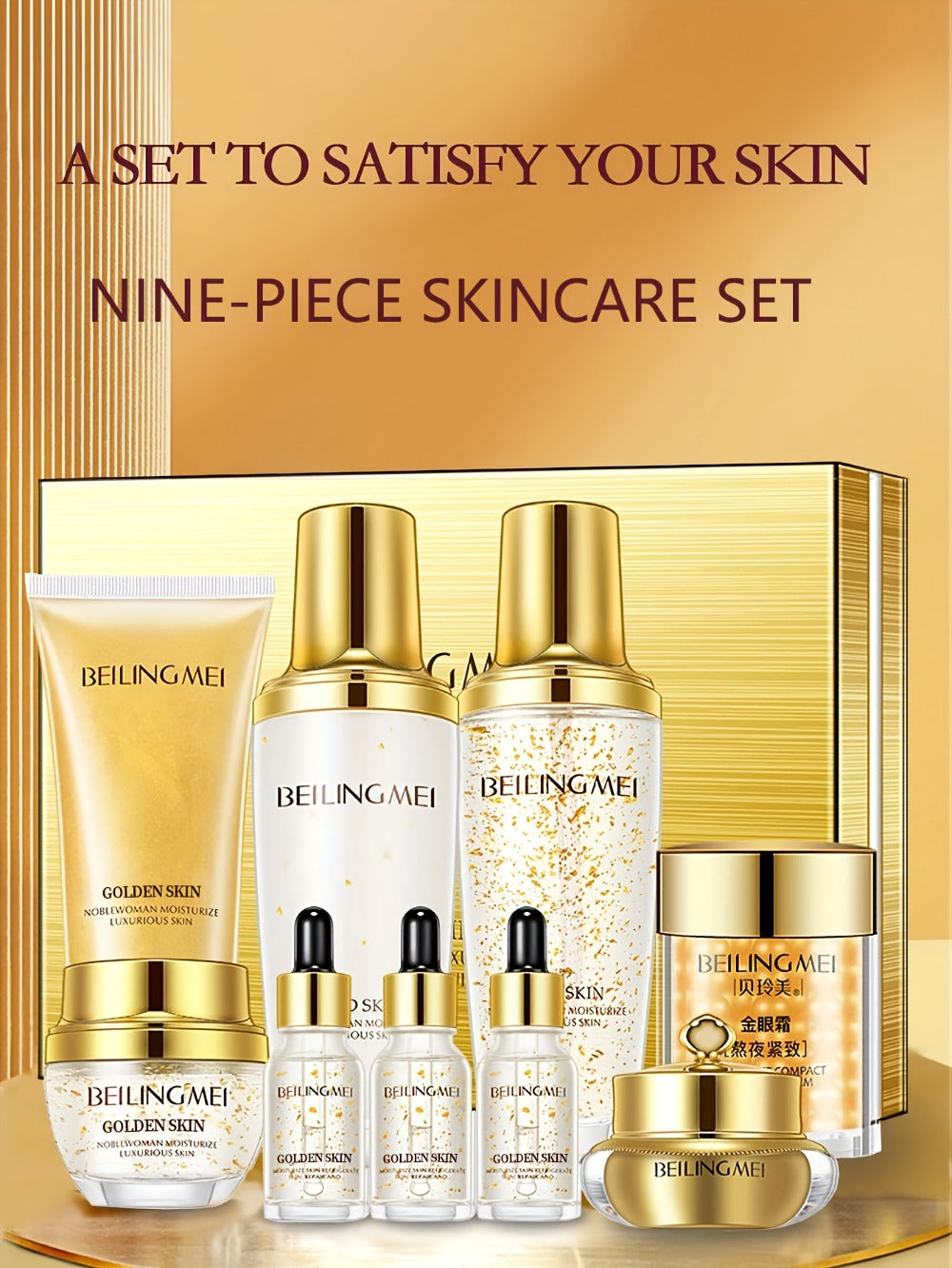 9pcs Golden Luxury Skincare Set, Contains Niacinamide & Collagen for Moisturizing & Firming Face, Choice for Women's Daily Facial Care Premium Gift Kit, Birthday, Holiday Gifts