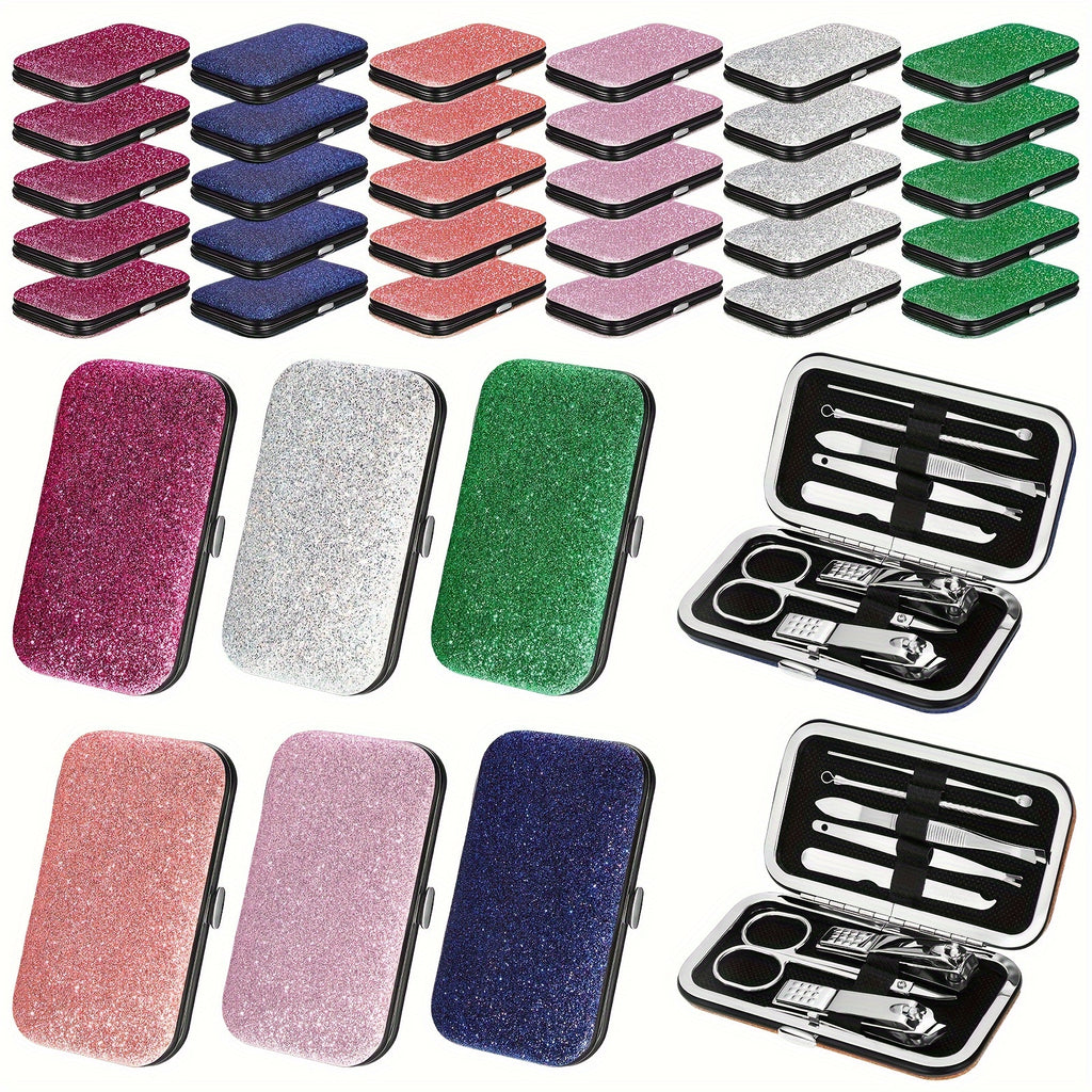 30 Sets Bulk Gifts for Women Manicure Set Bulk Professional Nail Care Kit Nail Clippers Kit 8in 1 Stainless Steel Pedicure Set with Travel Case for Women Men (Fine Glitter)