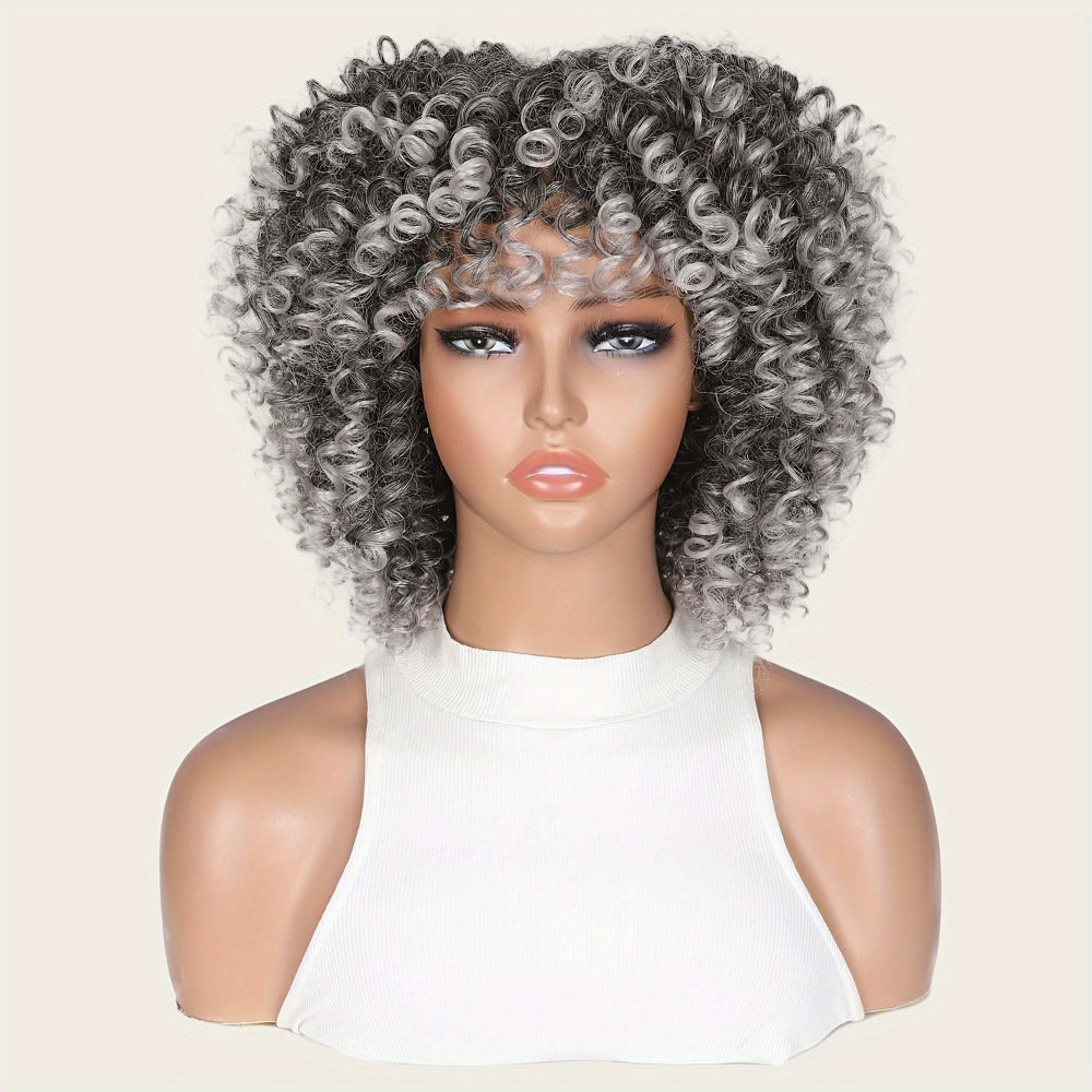 Afro Kinky Curly Wig for Black Women — Short Synthetic Wig with Bangs, 180% High Density, Natural Fluffy Curls, Stretch Cap, Daily Wear & Party, Fits All Head Sizes