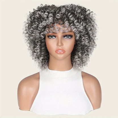 Afro Kinky Curly Wig for Black Women — Short Synthetic Wig with Bangs, 180% High Density, Natural Fluffy Curls, Stretch Cap, Daily Wear & Party, Fits All Head Sizes