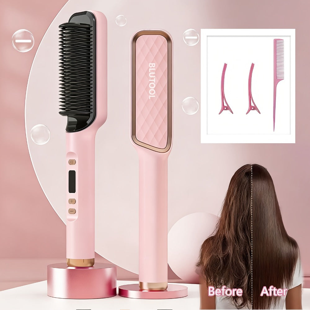 Hair Straightener Brush, 10s Fast Hair Straightener Comb Straightening Brush for Women, LCD Display, 5 Temps Flat Iron Brush, Anti-Scald (Includes Two Extra Clips And One Comb)