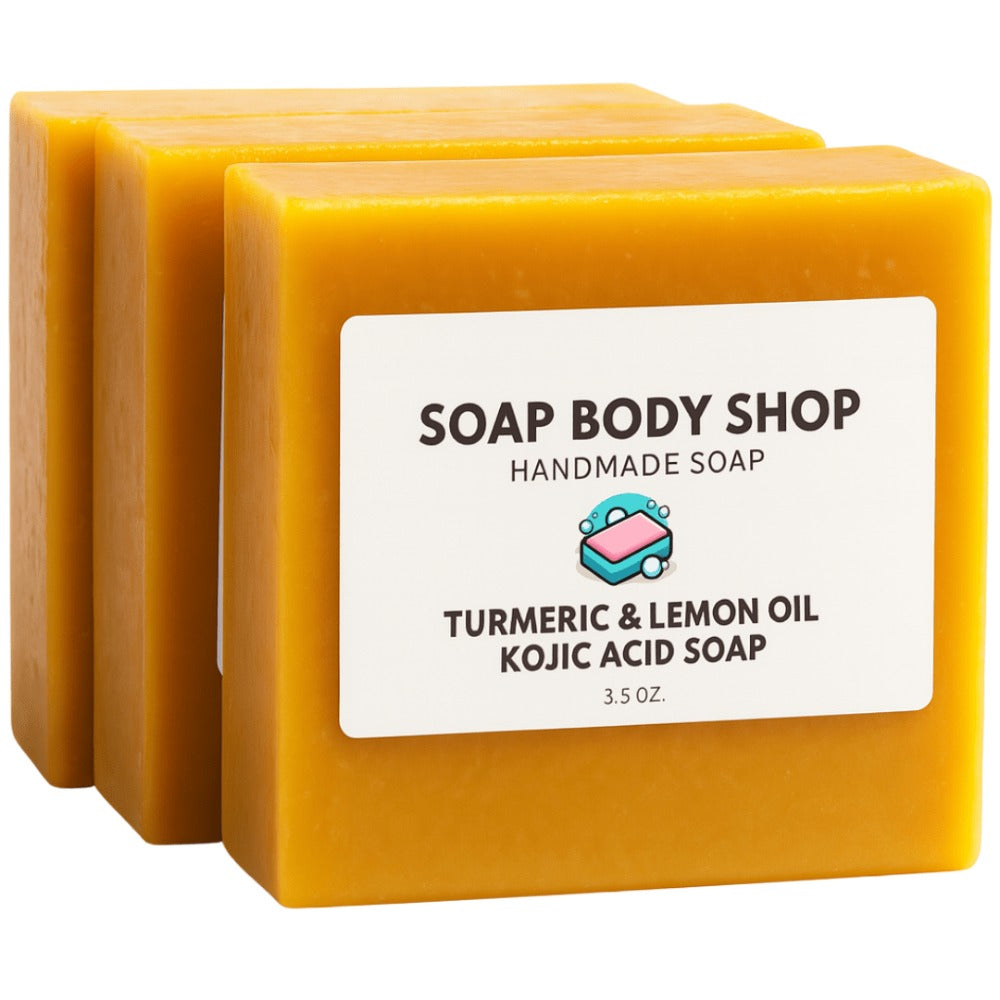 Kojic Acid Soap Turmeric 3-Pack Handmade Face Body Bar with Lemon Essential Oil Coconut Oil Goat Milk Cleansing Moisturizing Acne Backne Radiant Skin Brightening