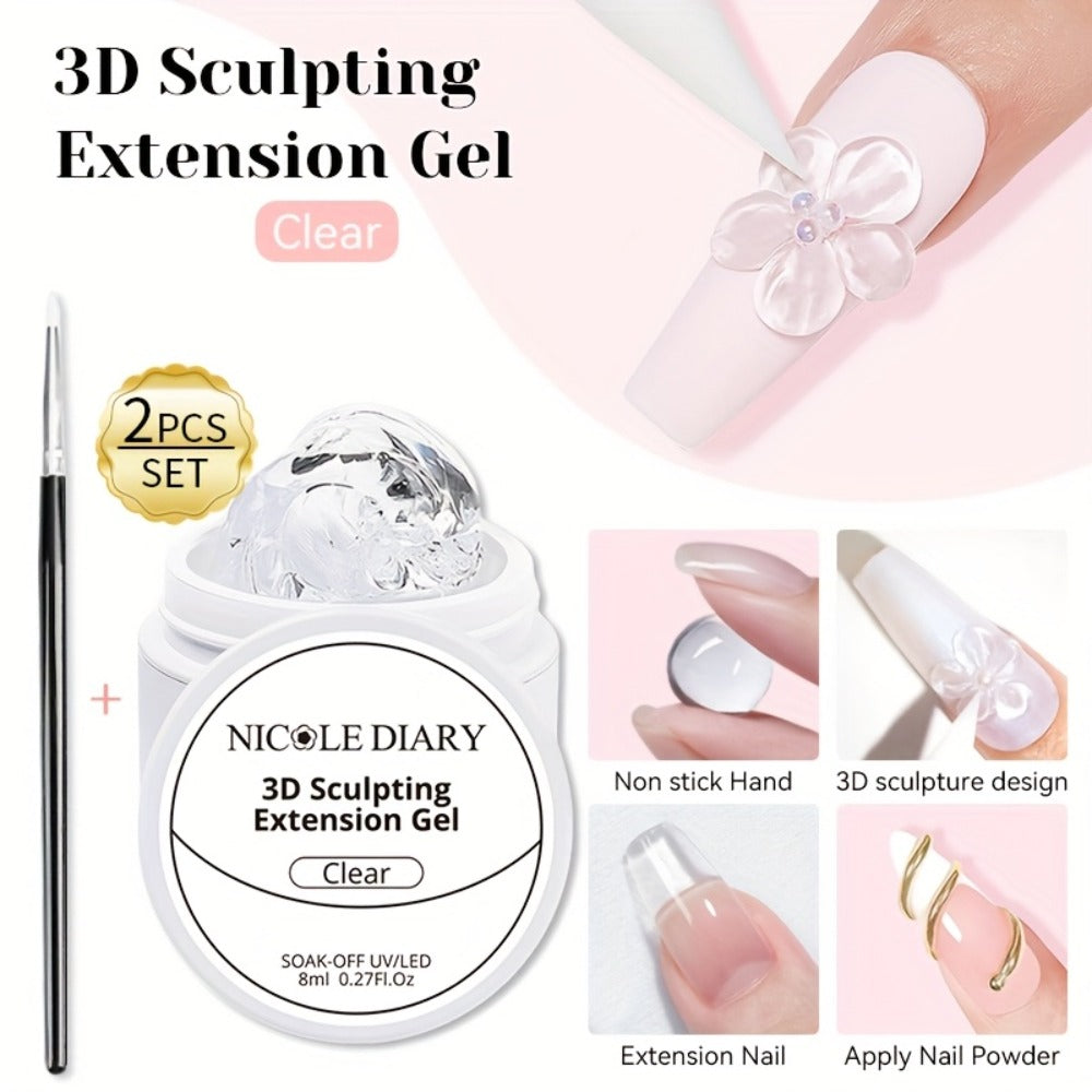 NICOLE DIARY 2pcs/3pcs 3D Carving Nail Gel Polish with Carving Pen White Clear 3D Sculpting Flower Gel Extension Gel Nail Nail Art Carving Gel Modeling Gel Nail Polish Manicure Nail Salon Home Use