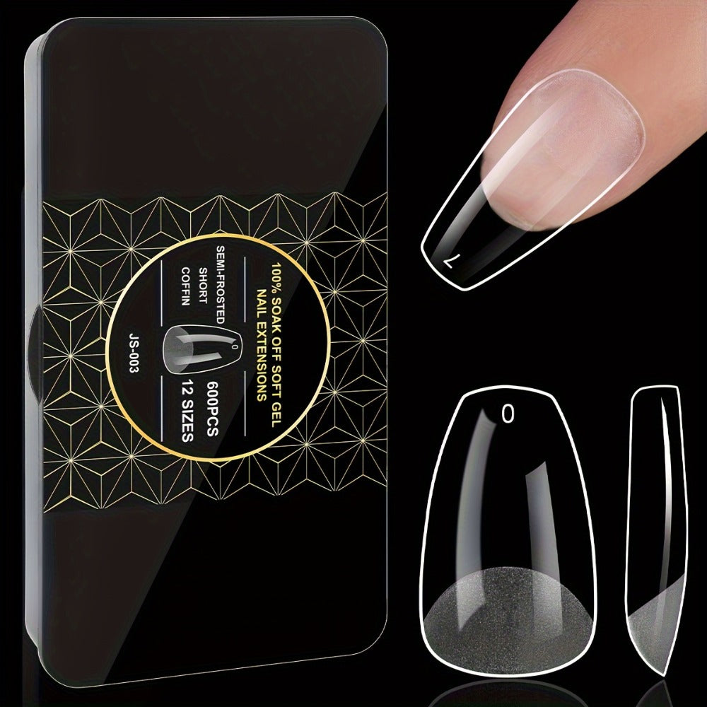 Soft Gel Nail Tips 600 Pieces - Clear Crystal Full Cover False Nails for Extensions | Almond Oval Square Coffin Stiletto Short Medium Long, Semi-Gloss Transparent Nail Tips for Nail Art Salon & DIY