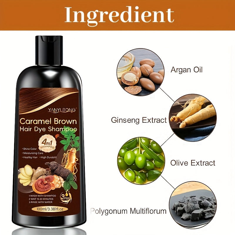 2-Bottle Pack, 3.38oz 4-In-1 Caramel Brown Dye Shampoo with Ginseng, Reishi Mushroom, And Ginger Extract - Instant Color, Shine, Volume & Smoothness in Minutes