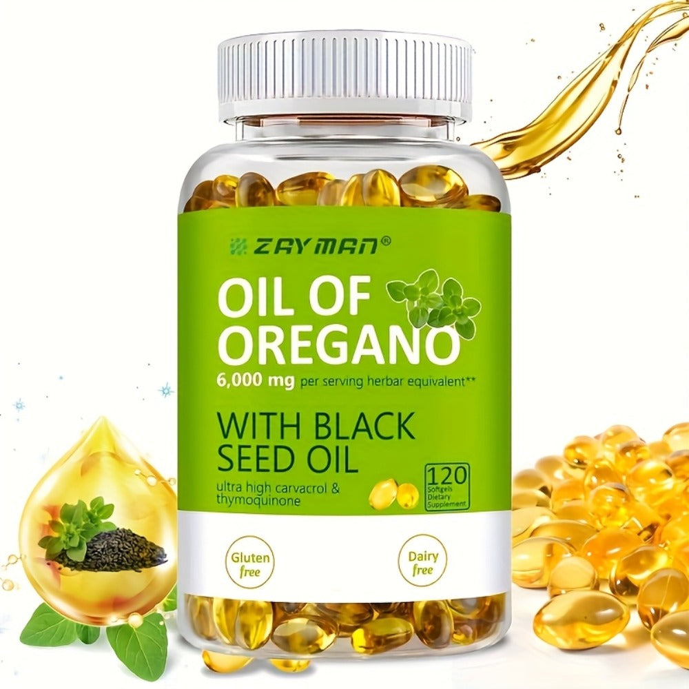 1-3P Bottle of Oregano Oil Softgels - Wild Oregano Oil 6000, Black Seed Oil 200 Capsules, 120 Capsules, Containing Carvacrol And Thymol, Dairy-Free, Gluten-Free