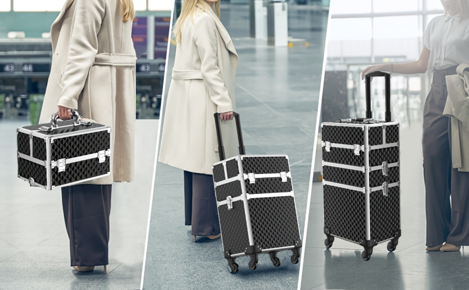 Rolling Makeup Train Case with Makeup Sponges Set, Large Storage Cosmetic Trolley 3in 1 Large Capacity Trolley Makeup Travel Case with Key Swivel Wheels Salon Barber Case Traveling Cart Trunk