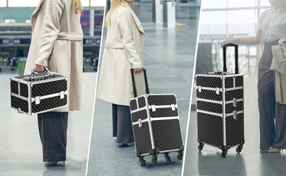 Rolling Makeup Train Case 3-in-1 Large Capacity Cosmetic Trolley with Swivel Wheels Lock Key Makeup Sponges Set Salon Barber Travel Cart Trunk for Professional