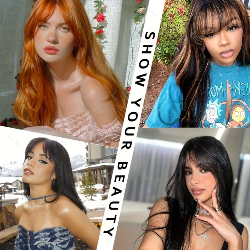 Lace Front Wig with Curtain Bangs Glueless Long Straight Synthetic Wig 26 Inch Pre-Bleached Lace Realistic Scalp Natural Hairline Multi-Color Women Daily Wear