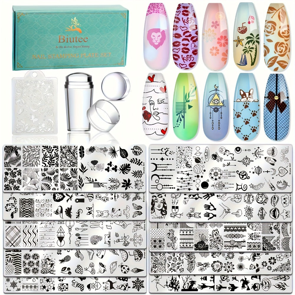 Biutee Nail Stamping Plate Set Of 14pcs, Including 10 Mini 1.57*4.72 inch Metal Plates, 1 Single-head Stamp, 2 Clear Stamp Heads, And 1 Pattern Scraper