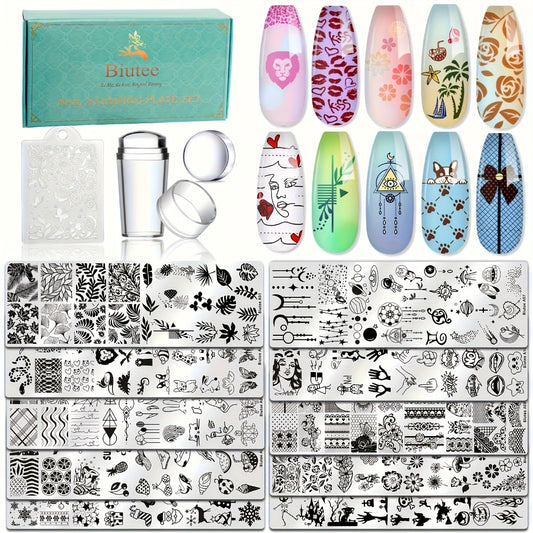 Biutee Nail Stamping Plate Set Of 14pcs, Including 10 Mini 1.57*4.72 inch Metal Plates, 1 Single-head Stamp, 2 Clear Stamp Heads, And 1 Pattern Scraper