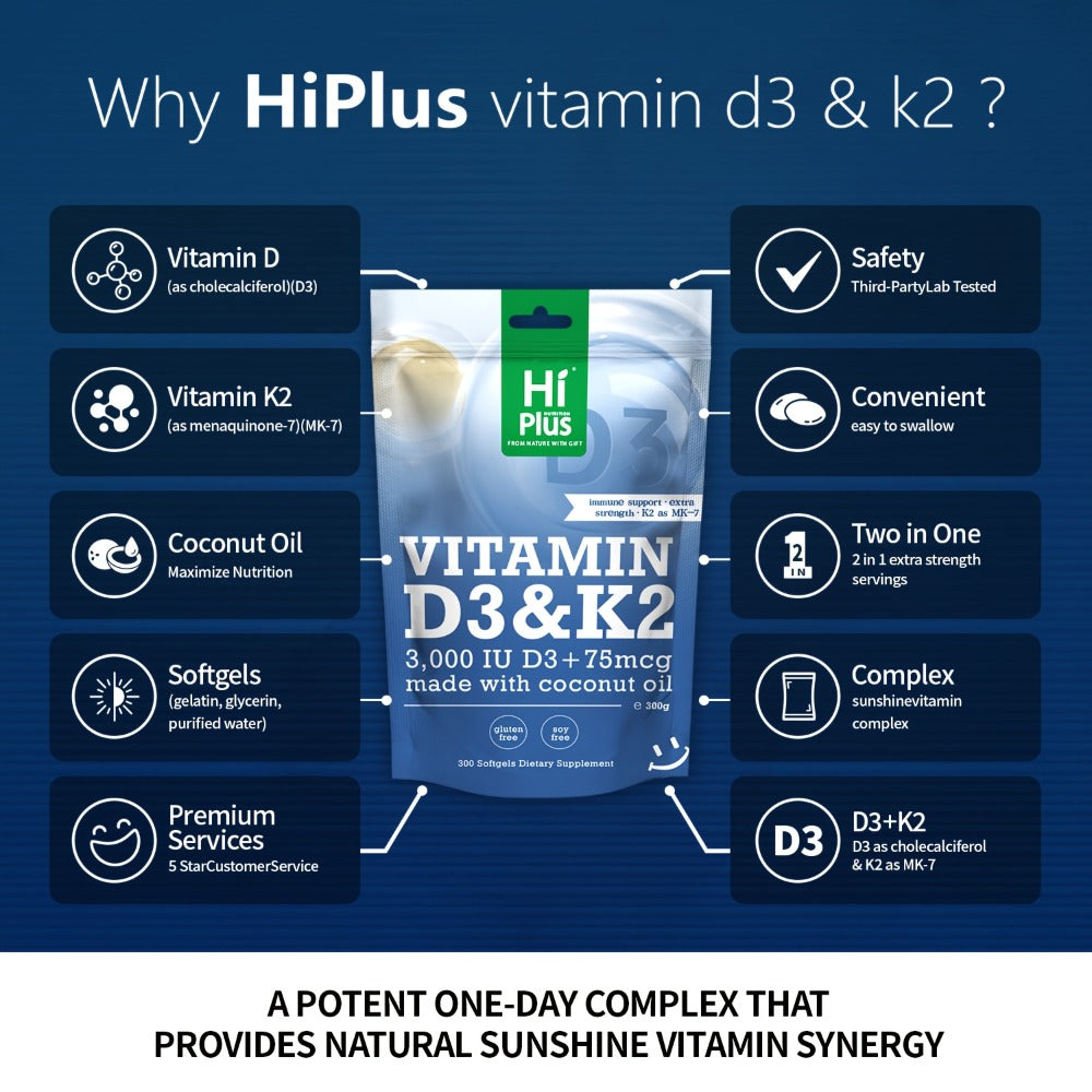 Vitamin D3 3000 IU And K2 (MK-7) 75Mcg Softgels | 300 Virgin Coconut Oil Capsules | Supports Calcium Absorption, Bone, Immune, And Heart Health | Easy to Swallow