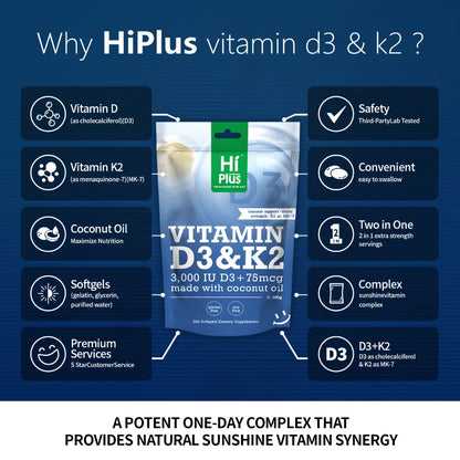 Vitamin D3 3000 IU K2 MK-7 75mcg 300 Softgels with Virgin Coconut Oil Calcium Absorption Bone Immune Heart Health Double Strength Daily Supplement Easy Swallow
