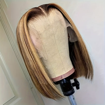 Lace Front Bob Wig 5x1 Short Straight P4/27 Honey Highlight 180% Density Glue Free Wear and Go Pre-Painted Pre-Styled Human Hair Wig Women 8-14 Inch